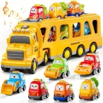 Interactive 16, 9" Long Construction Truck with 6 Cars | Lights & Sounds, Durable ABS Material, Blue & Yellow Design, Perfect Birthday Gift for Boys & Girls Ages 4-6