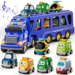 Interactive 16, 9" Long Construction Truck with 6 Cars | Lights & Sounds, Durable ABS Material, Blue & Yellow Design, Perfect Birthday Gift for Boys & Girls Ages 4-6