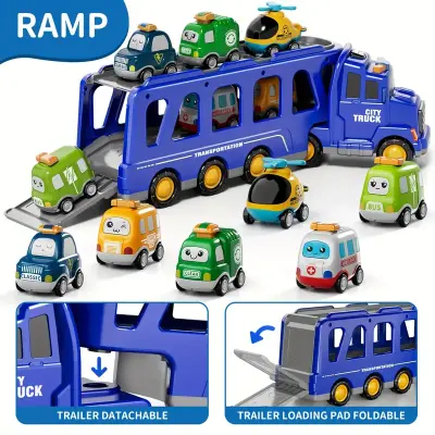 Interactive 16, 9" Long Construction Truck with 6 Cars | Lights & Sounds, Durable ABS Material, Blue & Yellow Design, Perfect Birthday Gift for Boys & Girls Ages 4-6