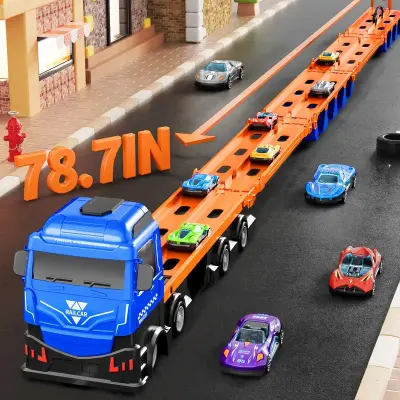 Ejection Race Track Toy Trucks, Catapulting Racing Track with 12 Cars, Kid's Cool Folding Truck Toy, Cars Storage And Transporter Toy Truck for 4 5 6 7 8 9 Years Old Boys And Girls