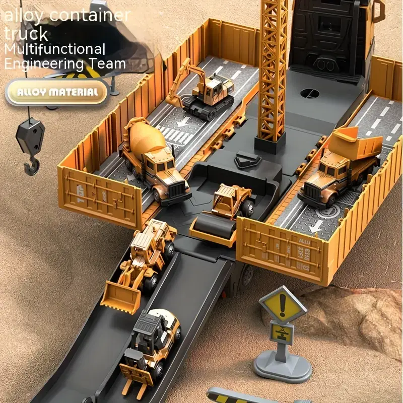 Jumbo Alloy Container Truck Set with Multi-Function Crane - Yellow, Manual Operation, Durable Plastic Construction Toy for Boys, Ideal Christmas Gift