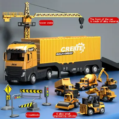 Jumbo Alloy Container Truck Set with Multi-Function Crane - Yellow, Manual Operation, Durable Plastic Construction Toy for Boys, Ideal Christmas Gift