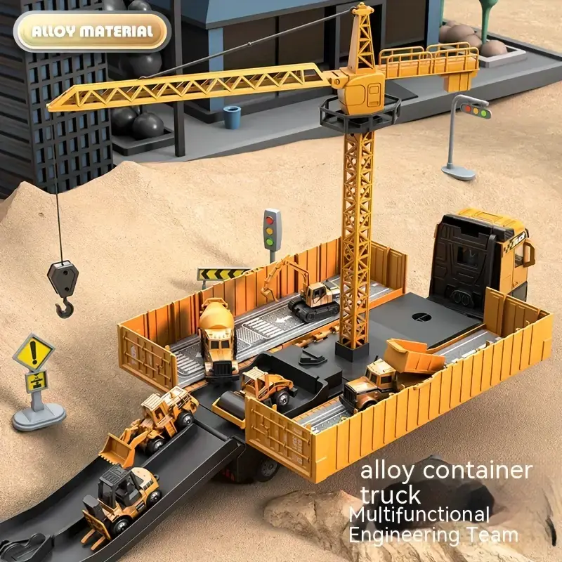 Jumbo Alloy Container Truck Set with Multi-Function Crane - Yellow, Manual Operation, Durable Plastic Construction Toy for Boys, Ideal Christmas Gift
