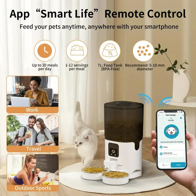 7L PAPIFEED Cat Intelligent Automatic Feeder - Wi-Fi Control, Timed Dosing, Dual Bowl Feeder for Multi-Cat Family - Large Capacity Pet Feeder